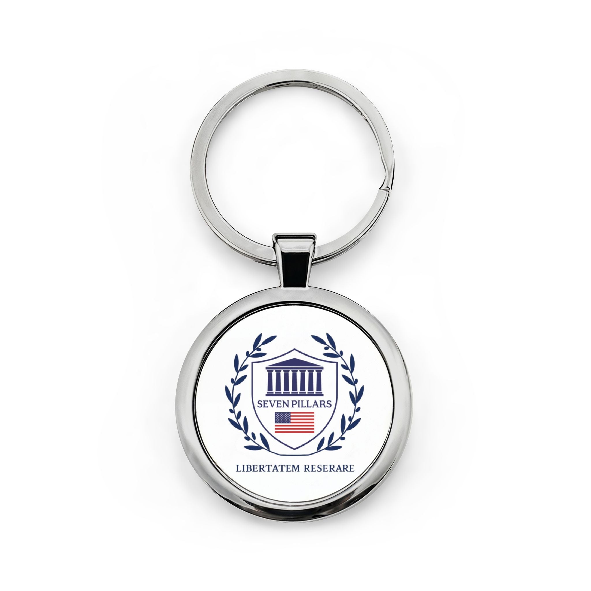Seven Pillars Crest Stainless Steel Keychain — Round Engraved Keyring (Libertatem Reserare)