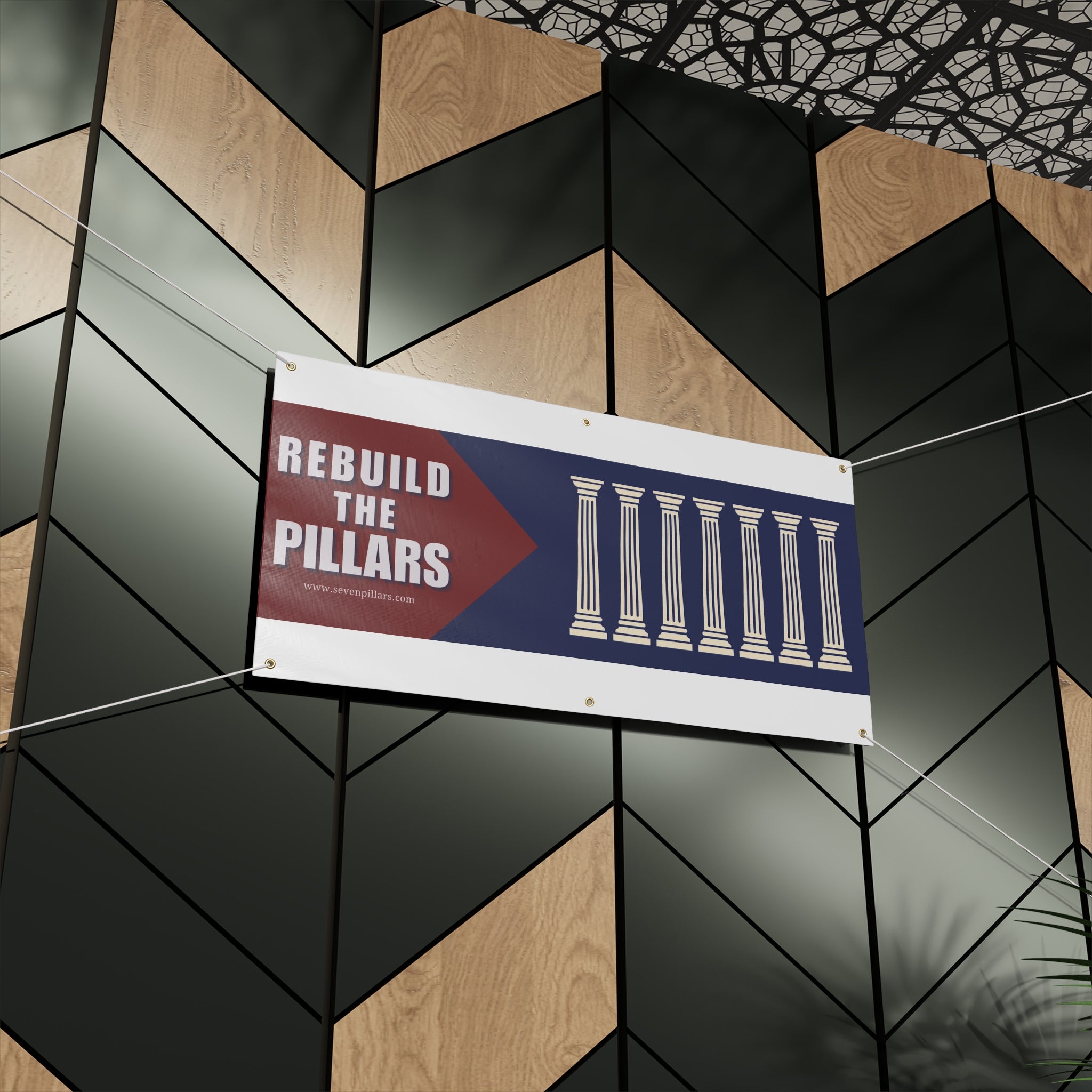 Patriotic Matte Banner — Bold 'Patriotic' Typography with Classical Pillars (Navy, Red, Off‑White)