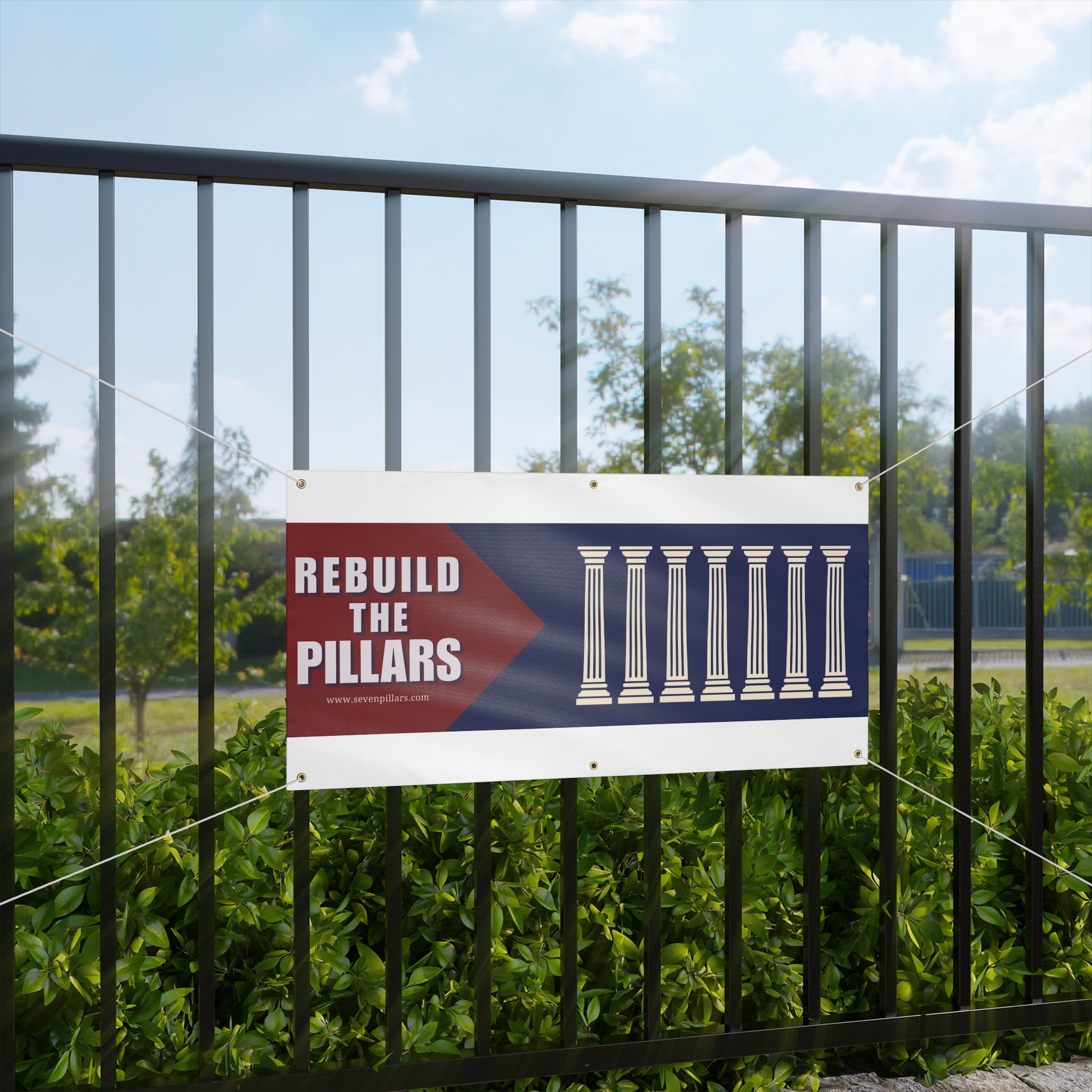 Patriotic Matte Banner — Bold 'Patriotic' Typography with Classical Pillars (Navy, Red, Off‑White)